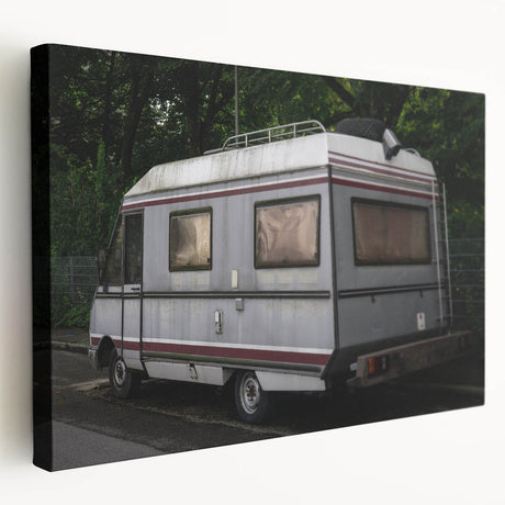 Side view of a caravan depicted in muted earth tones on a stretched canvas, suitable for kitchen wall art.