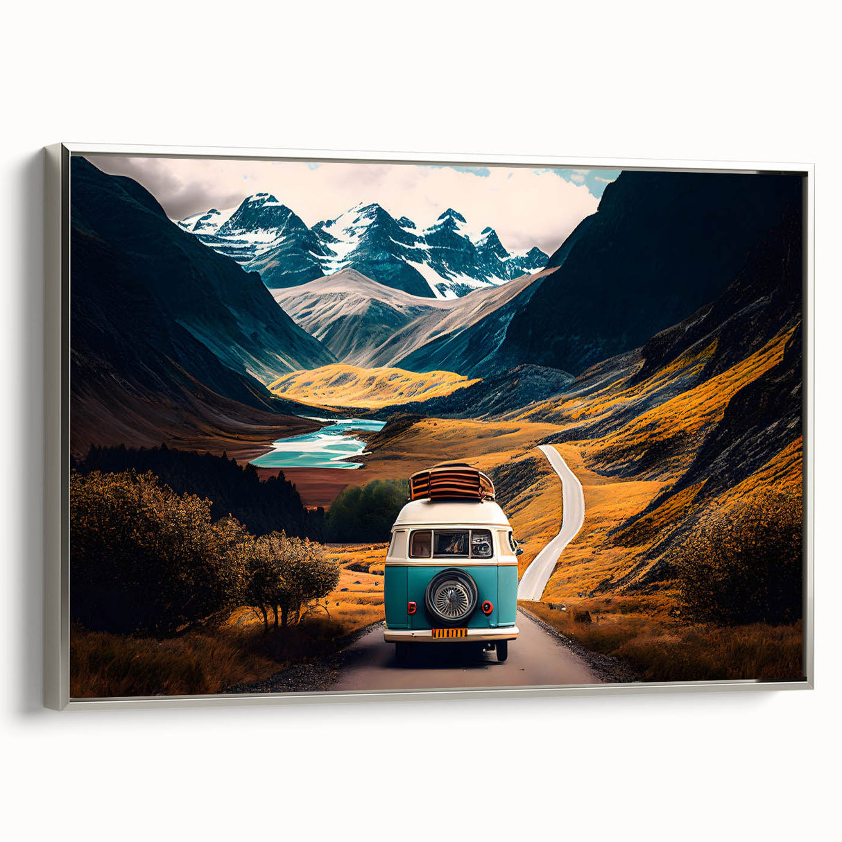 Vintage poster art of a silver caravan on a black background, framed canvas, ideal for living room decor.