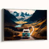 Vintage poster art of a silver caravan on a black background, framed canvas, ideal for living room decor.