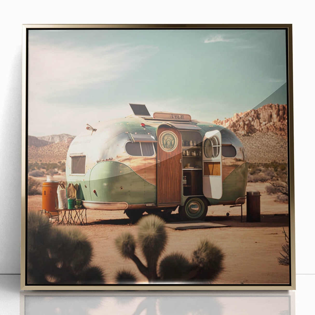 Mid-century modernist art featuring a caravan in muted gold and brown tones on a framed acrylic print.