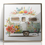 Mid-century modernist art featuring a caravan in muted earth tones on a framed acrylic, ideal for nursery wall decor.