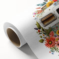 Art deco style poster of a vintage caravan in soft beige and cream tones on rolled canvas, ideal for nursery wall art.