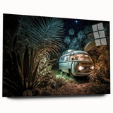 Side view of a caravan depicted in muted earth tones on a large acrylic print, suitable for bedroom or dining room decor.