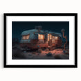 Extra large abstract art print featuring a colorful, textured caravan design on a black framed canvas.