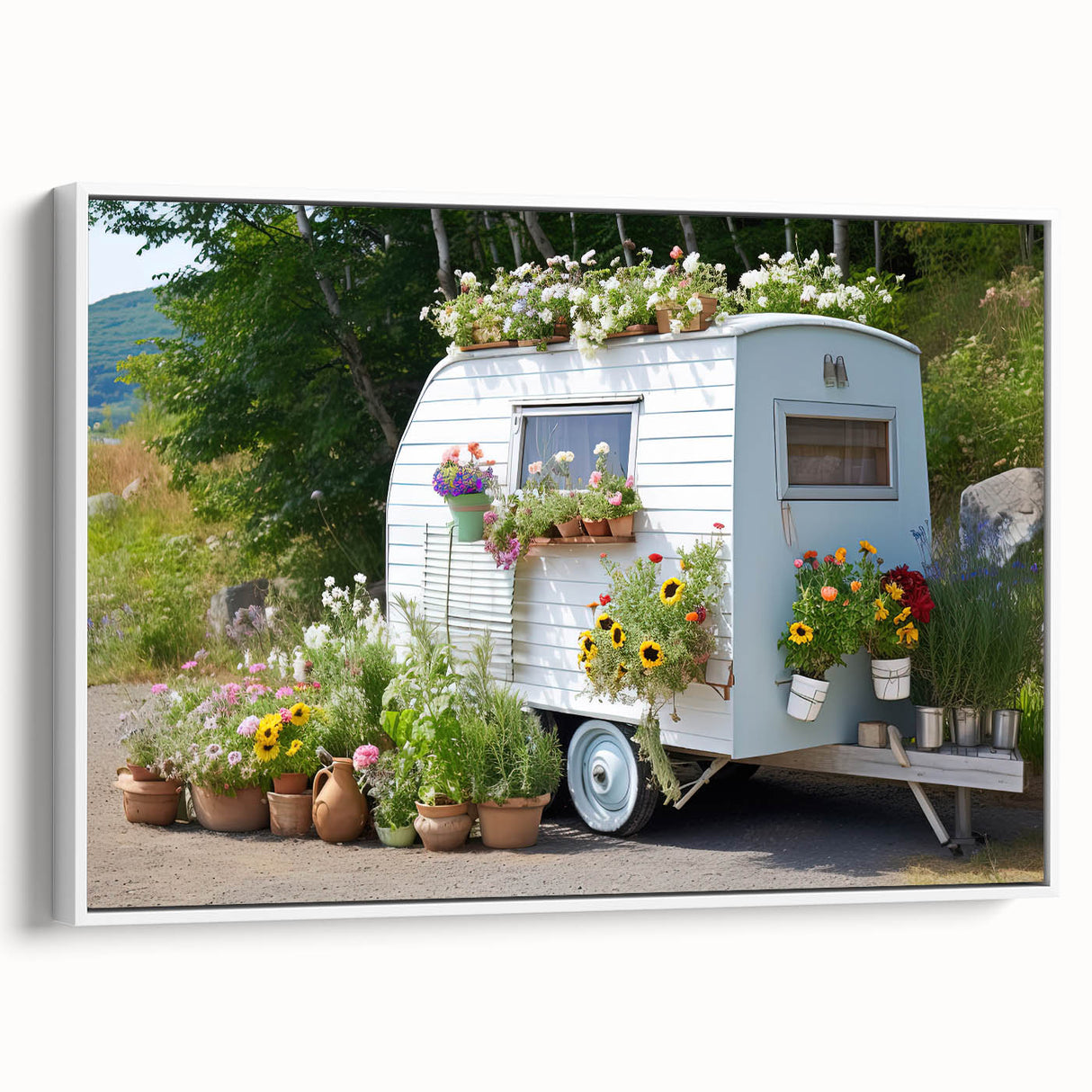 Framed canvas featuring a side view of a vintage caravan in black and white, ideal for bedroom wall decor.
