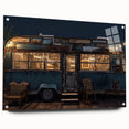 Side view of a caravan depicted in muted earth tones on acrylic glass, suitable for dining room decor.