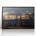 Large abstract wall art featuring a colorful caravan design in a mid-century modernist style, framed in black acrylic.