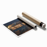 Extra large rolled print of a caravan with muted earth tones and floral accents, suitable for classy bathroom wall art.