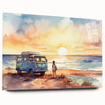 Side view of a caravan depicted in large abstract style on acrylic glass, with muted earth tones.