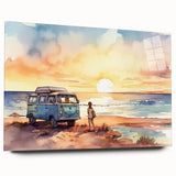 Side view of a caravan in large abstract style on acrylic glass, muted earth tones, ideal for bedroom or dining room art.