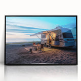 Large abstract wall art featuring a mid-century modernist caravan design in black and gray tones.