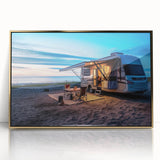 Mid-century modernist art deco poster featuring a caravan, with gold and brown tones on acrylic, ideal for nursery wall art.