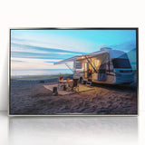 Art deco poster of a vintage caravan in silver and gray tones on a framed acrylic, ideal for nursery wall decor.