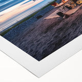 Art deco poster featuring a vintage caravan in muted earth tones on rolled canvas, suitable for dining room decor.