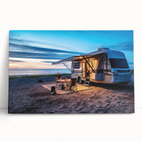 Black and white photo of a vintage caravan on stretched canvas, suitable as large kitchen wall art or bedroom decor.