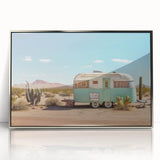 Art deco poster featuring a caravan in muted silver and gray tones, acrylic print framed in silver.