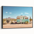 Black and white framed canvas featuring a vintage caravan in a landscape setting, ideal for bedroom wall decor.
