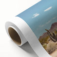 Art deco poster of a stylized caravan in muted pastel shades on rolled canvas, ideal for nursery wall art.