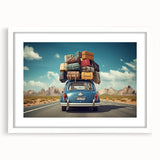 Extra large abstract art print of a caravan in textured shades of blue and gray, framed in white.