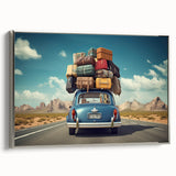 Vintage poster art of a colorful caravan on black background, framed canvas, ideal for living room decor.