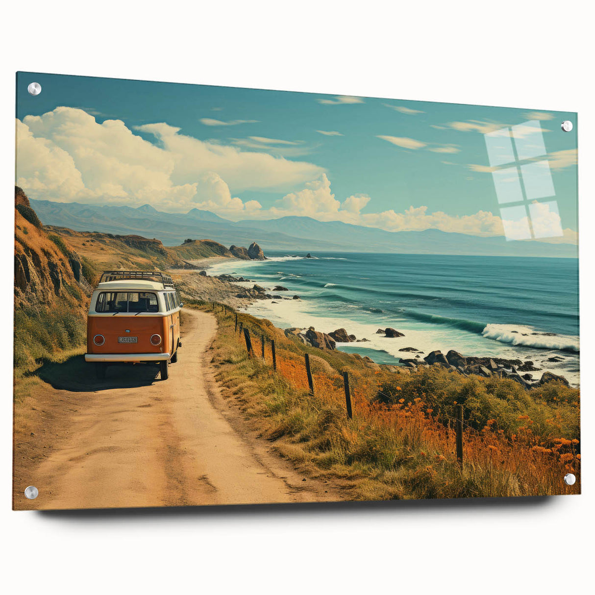 Side view of a caravan depicted in large abstract wall art on acrylic glass, featuring muted earth tones.