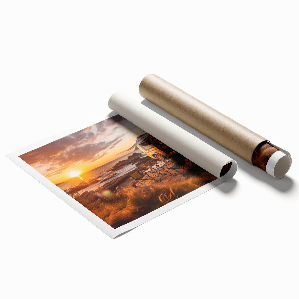 Rolled print of a caravan in muted earth tones, ideal for classy bathroom wall art.