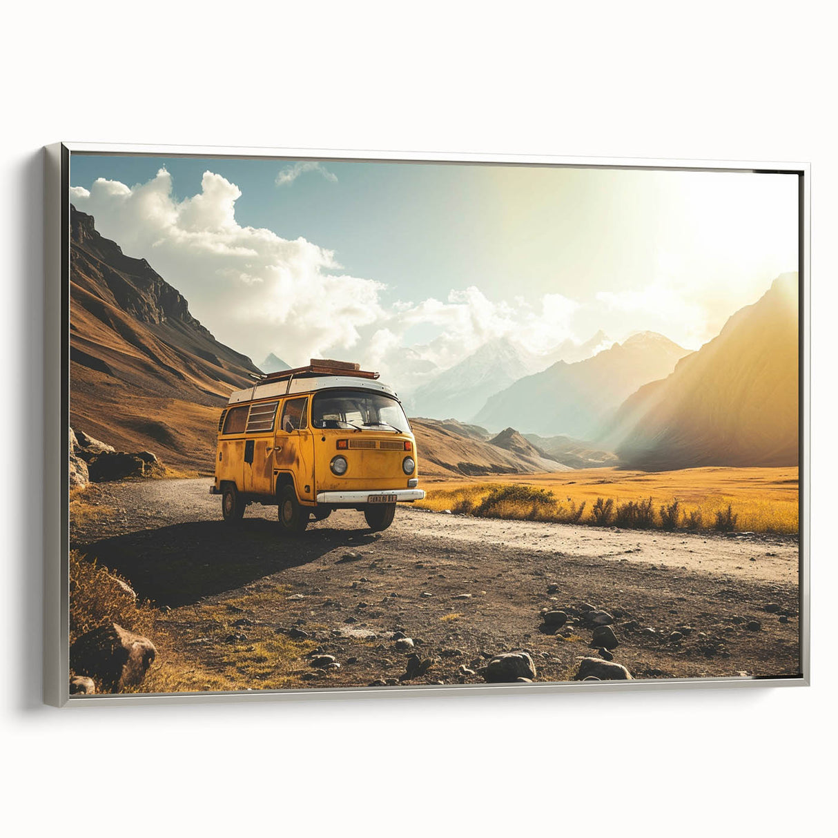 Vintage poster art of a silver caravan on a black background, framed canvas, suitable for living room decor.
