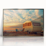 Art deco poster of a vintage caravan in silver and black tones, acrylic framed, suitable for modern nursery wall decor.