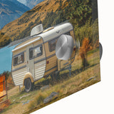 Large abstract wall art featuring a mid-century modernist caravan design in muted earth tones on acrylic glass.