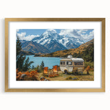 Abstract caravan scene in textured art style with gold frame, featuring earth tones, ideal for bedroom art.