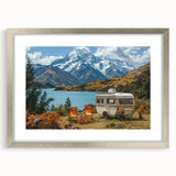 Abstract art print of a caravan in muted earth tones on a framed canvas, suitable for dining room decor.