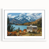 Extra large abstract art print featuring a textured caravan in muted earth tones on a white framed canvas.