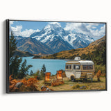 Black and white framed canvas featuring a vintage caravan in a landscape setting, ideal for bedroom wall art.