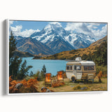 Framed canvas featuring a vintage caravan in a landscape setting with muted earth tones, ideal for bedroom wall art.