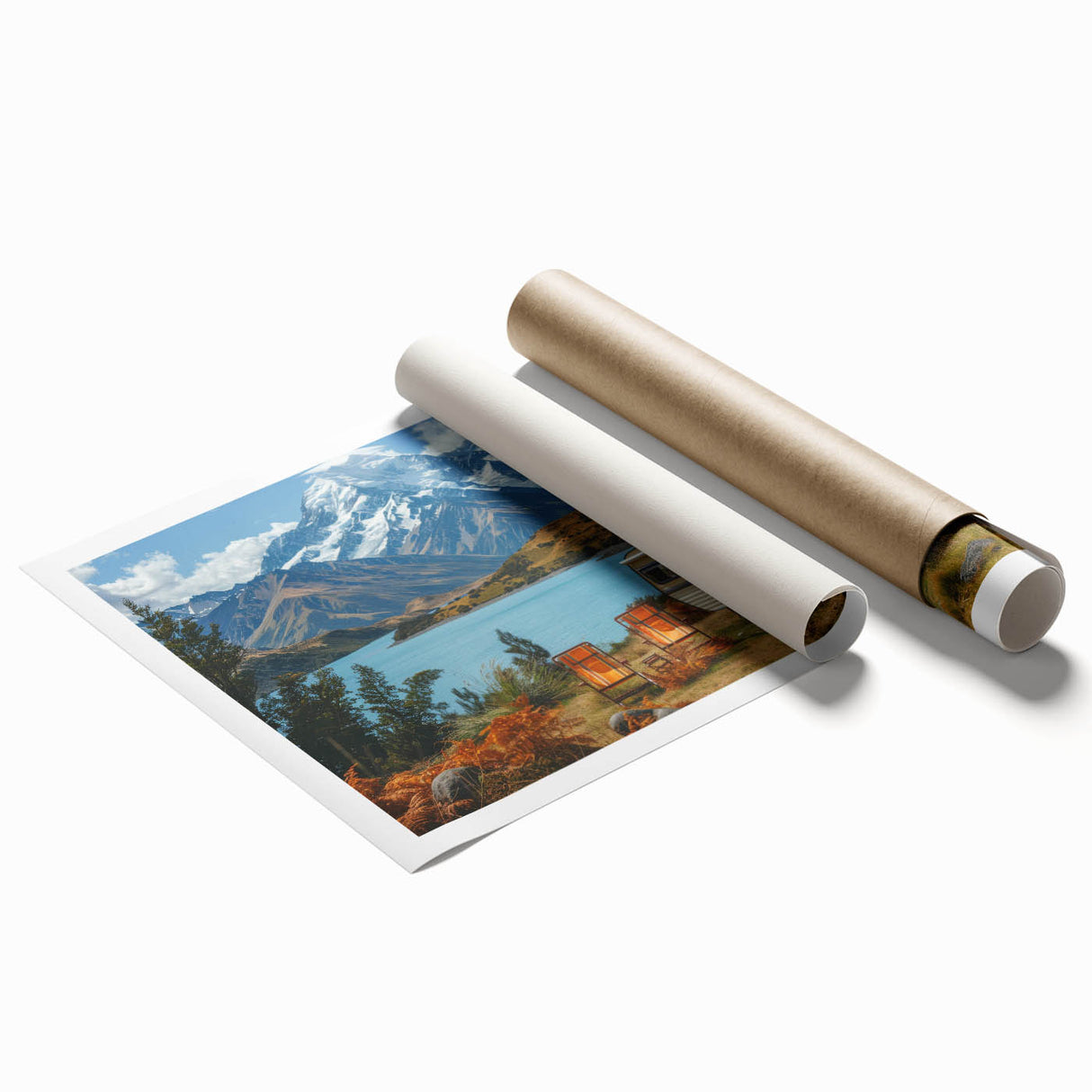 Extra large rolled print featuring a caravan scene in muted earth tones, ideal for classy bathroom wall art.