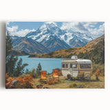 Black and white photo of a vintage caravan on a stretched canvas, suitable as large kitchen wall art.