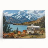 Black and white photo of a caravan on a stretched canvas, suitable for kitchen wall art or bedroom decor.