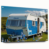 Side view of a caravan depicted in muted earth tones on an acrylic glass, suitable for dining room decor.