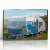 Art deco poster of a caravan in silver and black tones, acrylic print framed in silver, suitable for modern nursery decor.