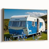 Framed canvas of a vintage caravan in a landscape painting, with a black and colorful art palette.