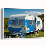 Framed canvas depicting a vintage black caravan in a landscape setting, ideal for bedroom wall decor.