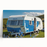 Black and white stretched canvas featuring a vintage caravan, ideal for kitchen wall art or bedroom decor.