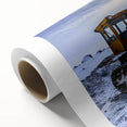 Art deco poster of vintage vehicles in muted earth tones on rolled canvas, ideal for nursery wall art.