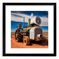 Extra large abstract art print featuring colorful, textured vehicles, framed in black, ideal for living room decor.