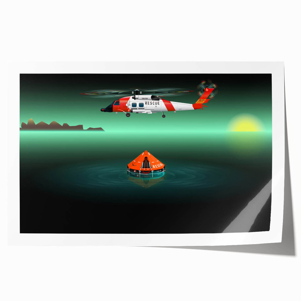 Helicopter in flight over mountains on a rolled print, with muted earth tones, ideal for art wall dining room.