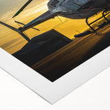 Art deco poster featuring a detailed helicopter illustration in muted metallic tones on rolled canvas.