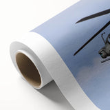 Art Deco poster of a vintage helicopter in muted gray and blue tones on rolled canvas, suitable for dining room wall art.