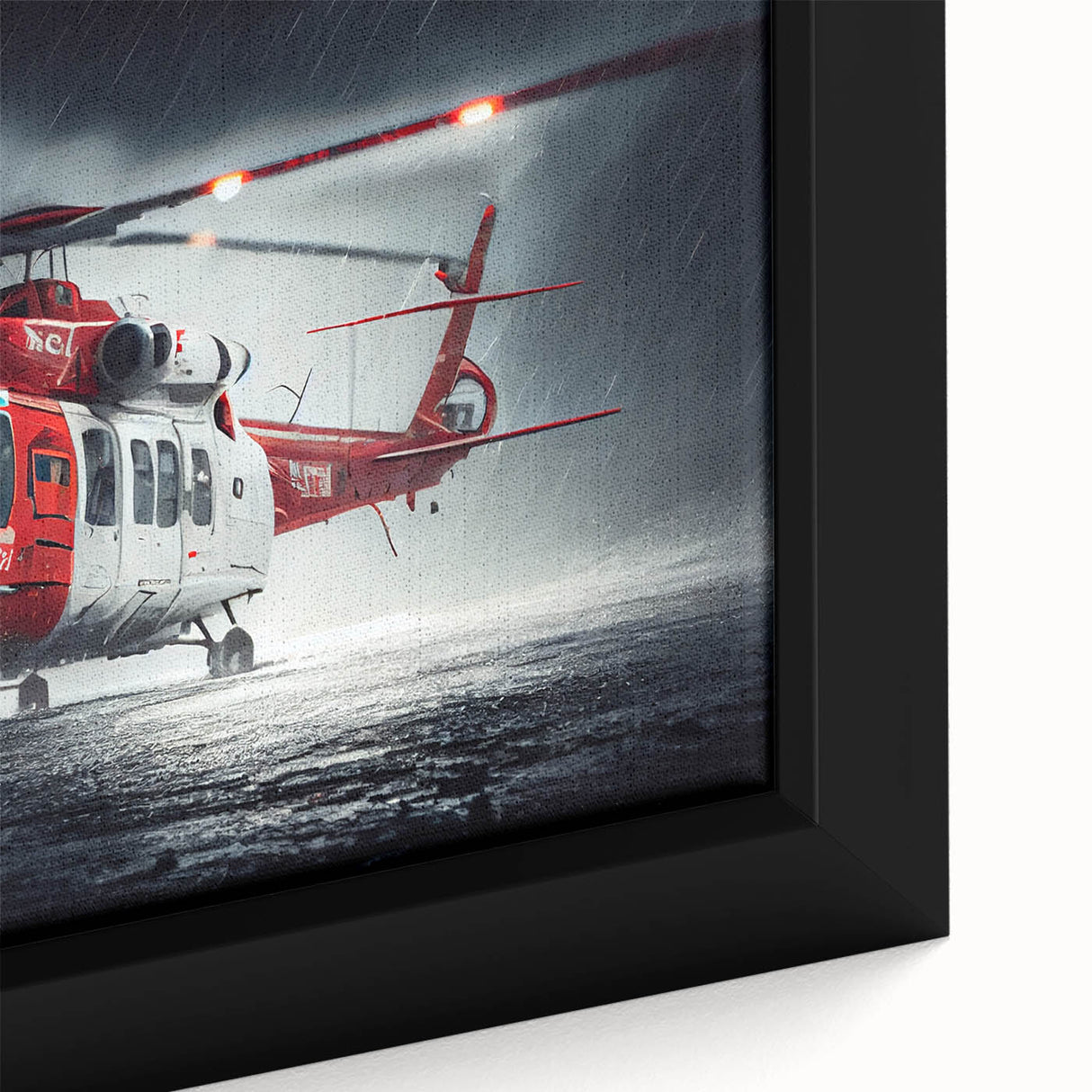 Extra large framed canvas featuring a textured, colorful helicopter design on a black background.