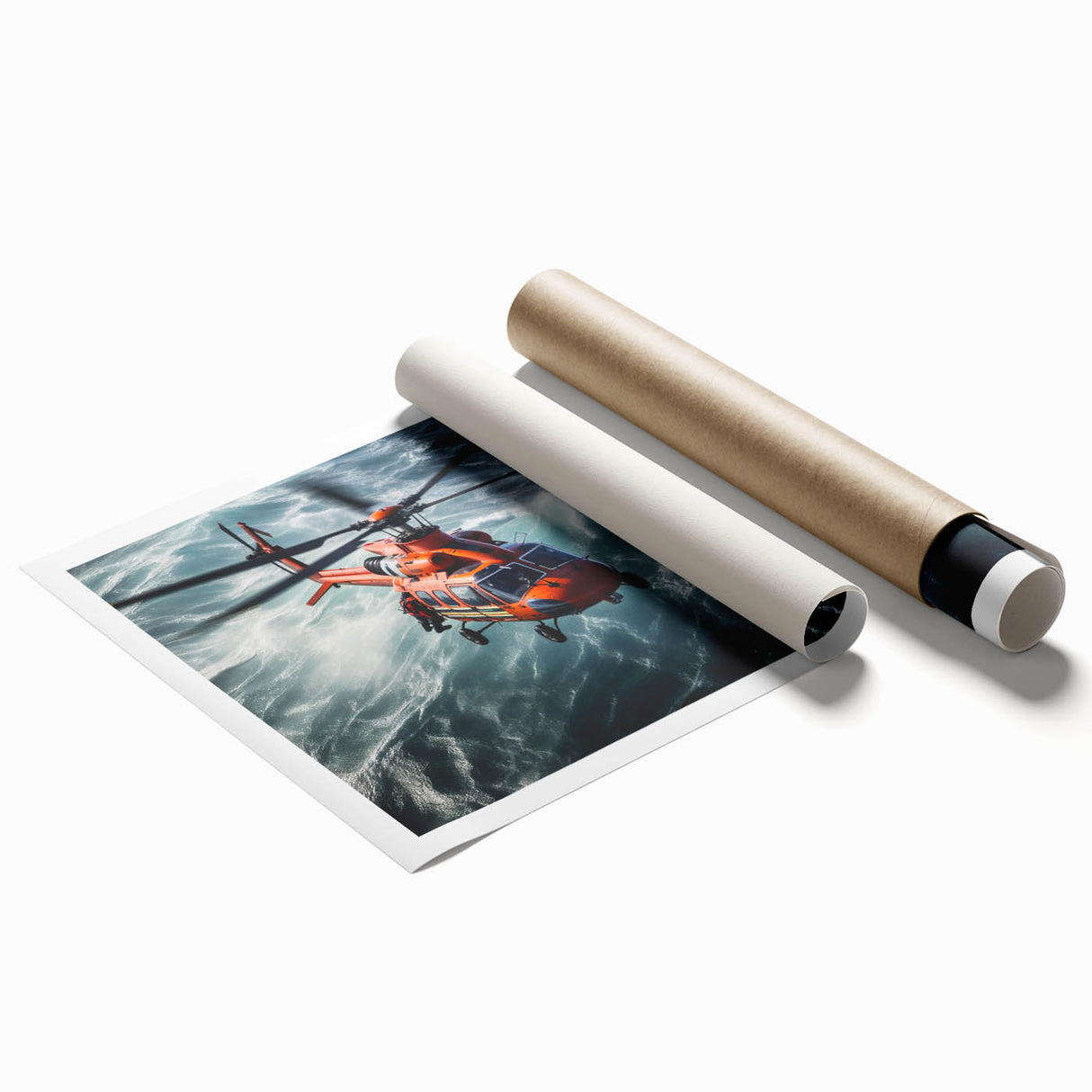 Extra large rolled print depicting a helicopter in muted gray and blue tones, suitable for classy bathroom wall art.