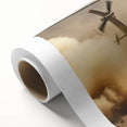 Art deco style helicopter illustration in muted blues and grays on rolled canvas, ideal for nursery wall art.